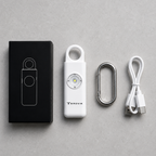 White TEROVIK personal safety alarm with carabiner, charging cable, black box